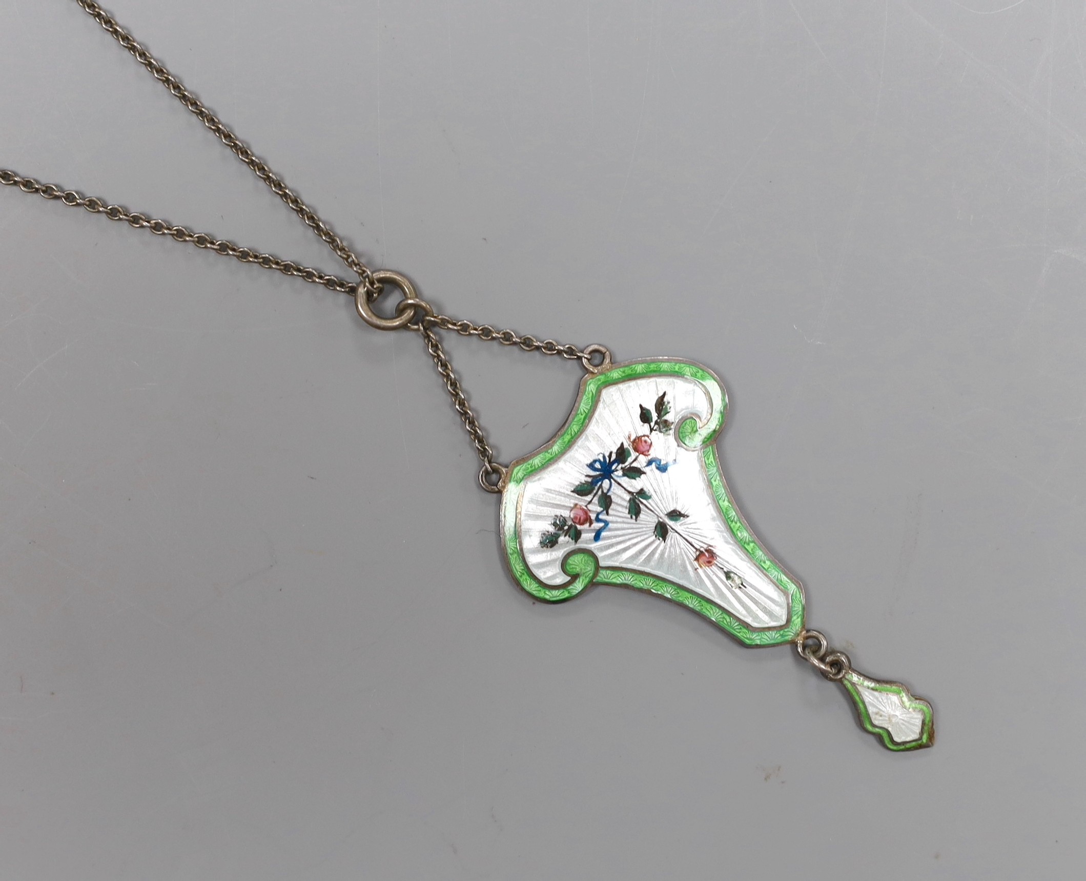 A George V enamelled silver drop pendant, 4.75cm, on original fine chain, hallmarked Birmingham 1912